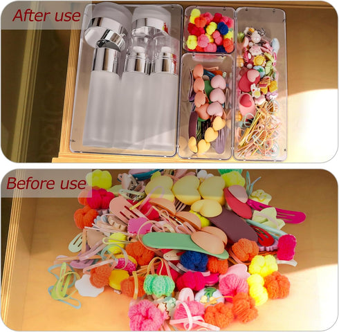 4 PCS Clear Plastic Drawer Organizer, Desk Drawer Divider Organizers and Storage Bins for Makeup, Jewelry, Gadgets for Kitchen, Bedroom, Bathroom,...