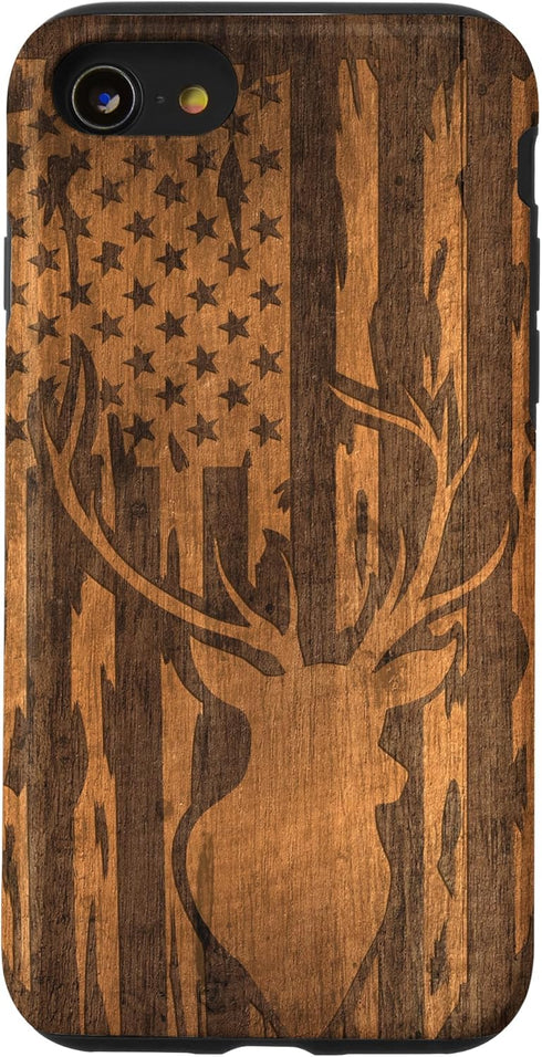 iPhone SE (2020) / 7 / 8 Deer Buck with Flag on Wood-like Background Case...