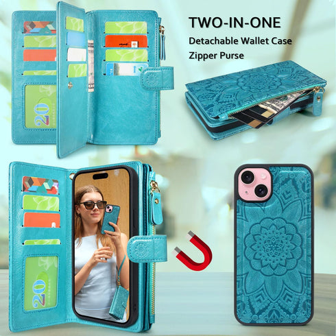 Harryshell Compatible with iPhone 14 / iPhone 13 6.1 inch 5G Wallet Case Detachable Magnetic Cover Zipper Cash Pocket Multi Card Slots Holder Wris...