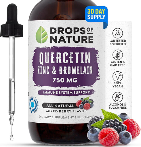 Quercetin with Bromelain & Zinc Liquid Drops - 750mg Immune Support for Adults & Kids | Ultra-Concentrated Bioflavonoids | Immune Defense | Cellul...