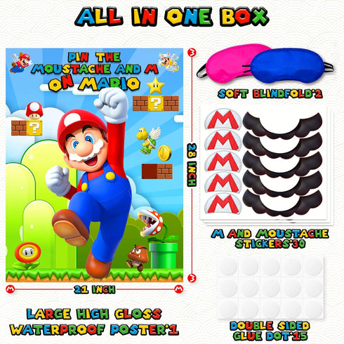 Pin The Moustache &M on The Bros Party Game, Super Brother Game Theme Party Supplies for Wall Decorations, Large High Gloss Waterproof Poster Favo...