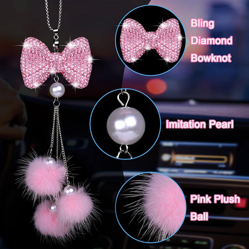 Wisdompro Bling Car Rear View Mirror Hanging Accessories for Women, Rhinestone Diamond Bowknot, Imitation Pearl and Pink Plush Ball Car Rearview M...
