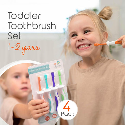 Cherish Baby Care Toddler Toothbrushes 1-2 Years (4-Pack) - BPA-Free & Safety-Tested Kids Toothbrush Kit, Designed by a Pediatric Dentist, Soft-Gr...