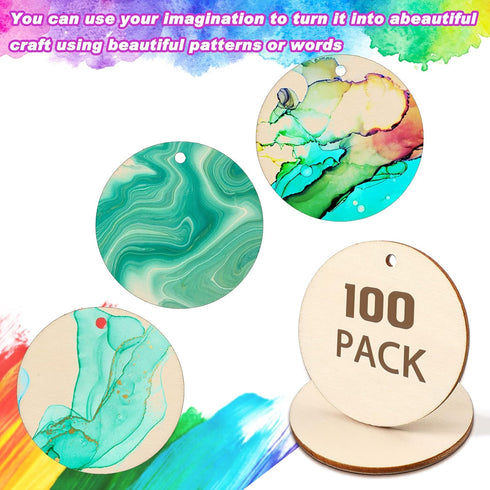 100 Pieces Unfinished Round Wooden Circles with Holes Round Wood Discs for Crafts Blank Natural Wood Circle Cutouts for DIY Crafts Party Birthday ...