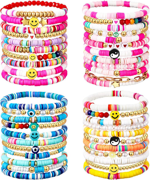44 Pcs Heishi Preppy Bead Bracelets Colorful Clay Friendship Bracelet Y2K Stretch Beach Gold Bracelets for Women Girls...