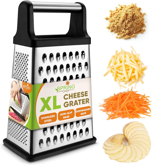 Spring Chef Professional Cheese Grater - Stainless Steel, XL Size, 4 Sides - Perfect Box Grater for Parmesan Cheese, Vegetables, Ginger - Dishwash...