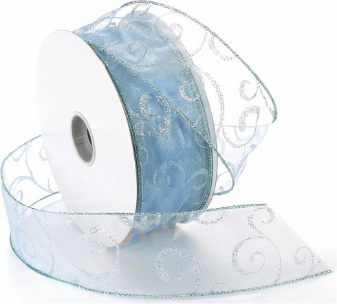 Morex Ribbon 7416.60/50-602 Swirl 2.5" X 50 YD Nylon Sheer Curling Wired Glitter Ribbon, Ice Blue, Holiday Ribbons for Crafts and Christmas Decora...