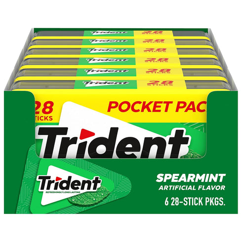 Trident Spearmint Sugar-Free Chewing Gum, 6 Pocket Packs of 28 Pieces (168 Total Pieces)...
