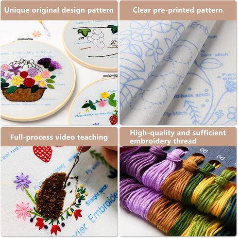 Dortusen 3 Sets Embroidery Kit for Beginners Adults Learn Different Stitches DIY Kits Includes Embroidery Tools Easy to Follow Instruction Embroid...