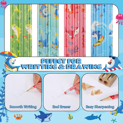 Geyee 36 Pcs Space Pencils for Kids Hawaiian Themed Party Favors Assorted Shark Pencils Novelty Wood Pencils Fun Designs Writing Pencils with Eras...