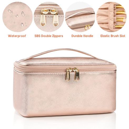 OCHEAL Rose Gold Makeup Bag,Travel Makeup Organizer Bag, Large Capacity Cosmetic Bags For Women Large Travel Toiletry Bag Girls Traveling With Bru...