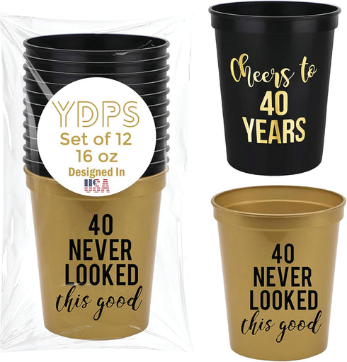 Your Dream Party Shop Cheers to 40 Years Birthday Cups- Gold 40 Never Looked So Good Cups, Set of 12, Black and Gold 40th Birthday Decorations for...