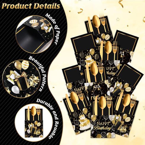 36 Pcs Black and Gold Birthday Party Favors Silverware Holder Bags Paper Utensil Cutlery Holder Disposable Knife Fork Spoon Sleeves Pocket for Hap...