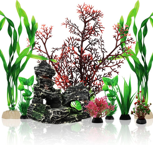 Fish Tank Decorations Plants with Resin Cave Rock View, 9pcs Aquarium Decorations Plants Plastic,Fish Tank Accessories, Fish Cave and Hideout Orna...