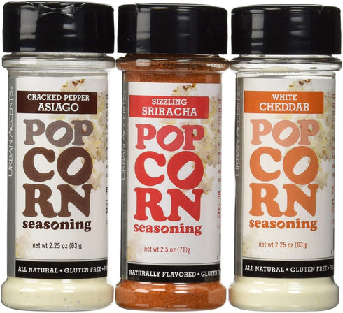 Urban Accents Gluten Free Premium Popcorn Seasoning Variety Pack - Cracked Pepper Asiago, Sizzling Sriracha, White Cheddar...