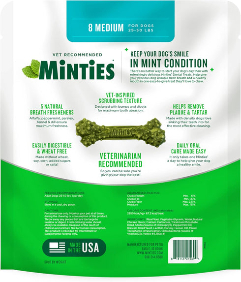 Minties Dental Chews for Dogs, 8 Count, Vet-Recommended Mint-Flavored Dental Treats for Medium Dogs 25-50 lbs, Dental Bones Clean Teeth, Fight Bad...