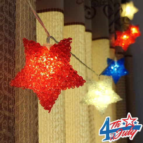 Red White Blue Star Lights 6.8Ft 4th of July Decorations Light 10 LED Star String Lights Battery Operated with Timer, Red White and Blue Light for...