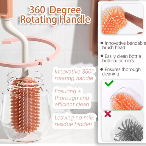 Baby Bottle Brush Set with 360° Rotating Long Handle Silicone Bottle Brush, Nipple Brush and Nylon Straw Brush, 3 in 1 Milk Bottle Cleaning Brush ...