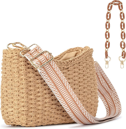 Herald Small Handmade Straw Pocketbook Crossbody Bag for Women, Summer Chic Woven Handbag Shoulder Purse with Chain...