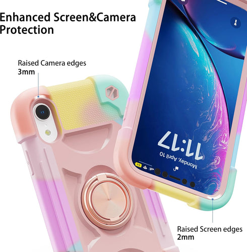 for iPhone XR Case 6.1 Inch with Ring Stand, with 2 Pack Glass Screen Protector,Heavy-Duty Shockproof Rugged Military Grade Cover with Magnetic Ca...