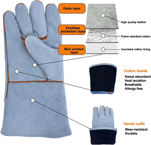 Welding Gloves 16 Inches, 932? Heat Fire Resistant Leather Welding Gloves for Tig/Mig/Stick, Mitts for BBQ/Oven/Grill/Fireplace/Furnace/Stove/Anim...