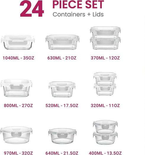 FineDine 24 Piece Glass Storage Containers with Lids - Leak Proof, Dishwasher Safe Glass Food Storage Containers for Meal Prep or Leftovers, White...