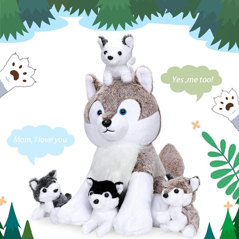 5PCS Wolf Plush Toys - 13.4 Inch Wolf Mom with Little Mini Babies Stuffed Animal Plush Huggable Cuddly Fluffly Wolf Plushie Family Set Gifts for G...