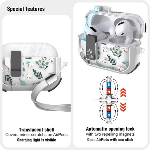 Case for AirPods Pro & Pro 2 Case Cover Secure Lock Automatic Snap Switch Clip Cleaner Kit Lanyard Women Stylish Leaf Full Body Hard Shell Front L...