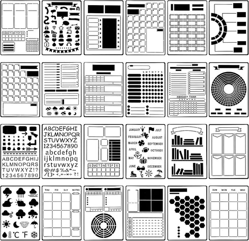 24 Pieces Journal Stencil Set Plastic Planner Bullet Journaling Stencils Ultimate Productivity Stencil DIY Templates to Create Calendars Schedule ...