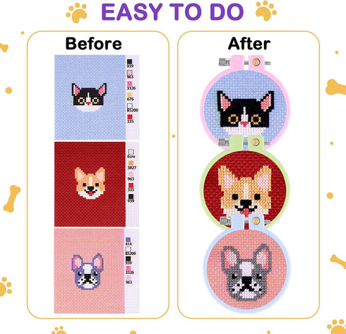 Caydo 5 PCS Cross Stitch Kits for Kids with Cats and Dogs Patterns Stamped Cross Stitch Kits for Beginners DIY Key Chain, Backpack Charms, Craft O...