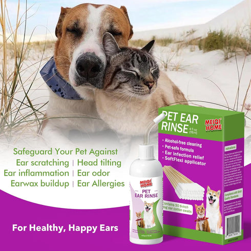MEIQIHOME Ear Cleaner for Dogs and Cats-Soothes Ear Inflammation, Removes Wax and Odor, Includes 50 Cotton Swabs, 4 Fl oz, Cleaner for Dogs...