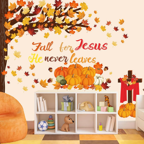 124 Pcs Fall Tree Classroom Bulletin Decor Fall for Jesus He Never Leaves Bulletin Board Set Autumn Maple Leaves Pumpkin Harvest Cutout for Thanks...