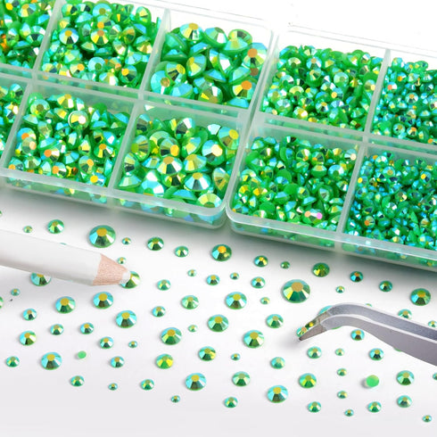 Resin Rhinestones Kit for Crafts,8400 pcs Green AB Jelly Flatback Rhinestones Mixed 5 Sizes 2mm-6mm with B7000 Glue Tweezers and Wax Pencil for Fa...