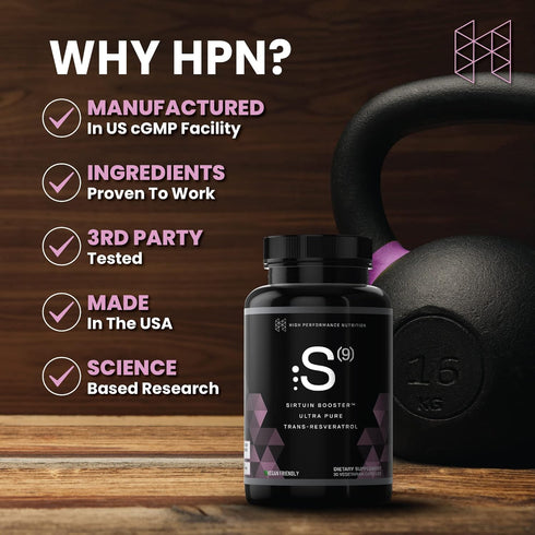HPN S(9) Sirtuin Booster Ultra Pure Trans Resveratrol Healthy Aging Antioxidant Supplement, High Performance Nutrition, 30 Capsules...