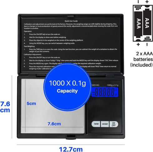 Smart Weigh Digital Pocket Gram Scale, 1000g x 0.1 Grams, Digital Gram Scale, Jewelry Scale, Food Scale, Medicine Scale, Kitchen Scale Black, Batt...