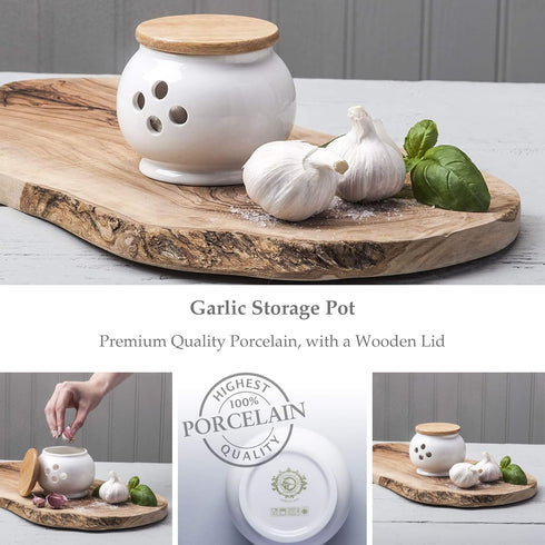 WM Bartleet & Sons 1750 Traditional Porcelain Garlic Storage Pot with Wooden Lid 10cm – White, One Size...