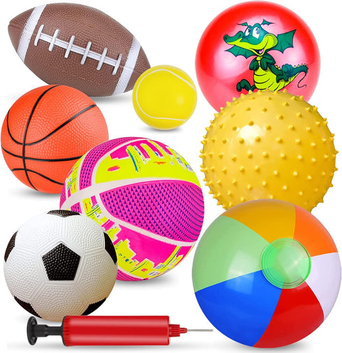 Balls for Toddlers 1-3, Toy Balls for Kids, Set of 8 Sport Toys with Pump/Beach Balls/Soccer/Basketball/Tennis/Football/Massage Balls/Rugby/Playgr...
