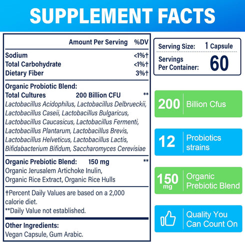200 Billion Cfus 12 Strains Probiotics - Probiotics for Women Men, Daily Probiotic Supplement with 3 Prebiotic, for Immune, Gut, Digestive, Shelf ...