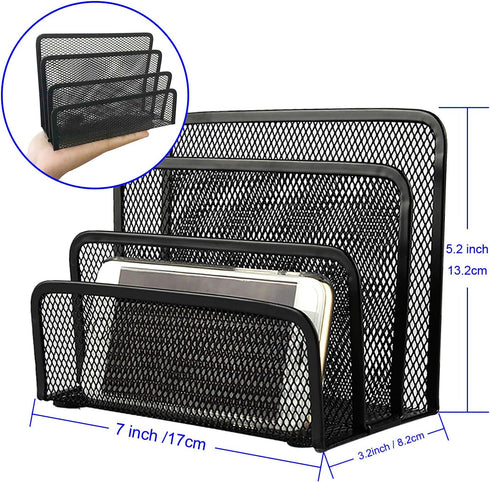 Desk Mail Organizer, File Holder Letter Sorter with 3 Vertical Upright Metal Mesh Compartments Document, Filing, Folders, Mail, Paper Organizer fo...