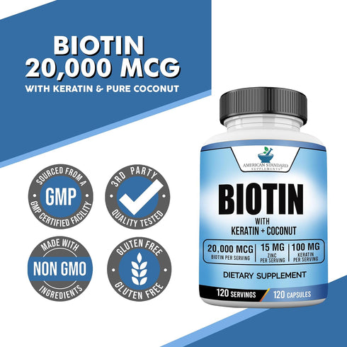 Biotin 20,000mcg with Keratin, Coconut Powder and Zinc, Hair Growth Supplements, Biotin Supplements, Healthy Hair Skin & Nails for Adults,120 Vegg...