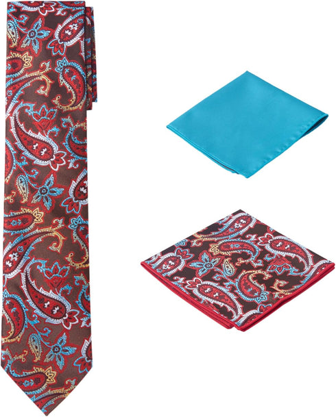 Men's Woven Paisley Regular Length Neck Tie with 2 Handkerchief Pocket Squares Hanky Set - Brown Red Teal...