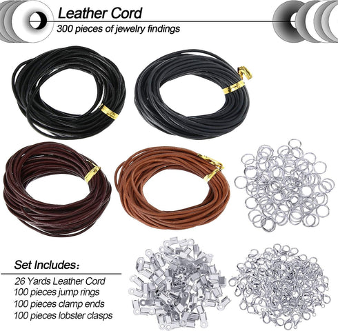 Leather Cord for Jewelry Making Kit, 24 Meters 2 mm Wide Leather Cord Leather Jewelry Rope and 250 Pieces Jewelry Findings Necklace Bracelets Craf...