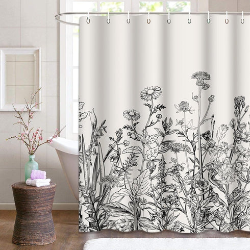 Emvency Shower Curtain Floral Border Herbs and Wild Flowers Botanical Vintage Engraving Light Grey Background Black Waterproof Polyester Fabric 72...