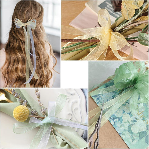3 Rolls Green and Gold Ribbon for Gifts Wrapping 3/8" x 150 Yard Ribbon for Flower Bouquet 50Yard Per Roll Sheer Ribbon for Baby Shower Decoration...