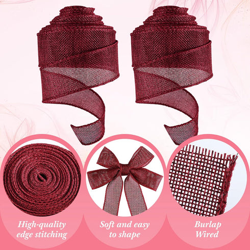 Shappy 2 Rolls Burgundy Burlap Ribbon Wine Red Wired Edge 1.5 Inch for Wreaths Solid Maroon Fabric Ribbons Wrapping Bow Craft Home Wedding Decorat...