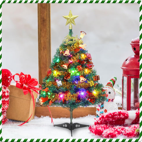 Mini Xmas Tree, 24"/60cm Artificial Small Tabletop Christmas Pine Tree with Ornaments for Holiday Home Office Decoration...