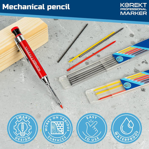 KOREKT Professional Marker, Heavy Duty Mechanical Carpenter Pencil Set with 12 Refills and Lead Sharpener, Deep Hole Marking in Construction, Wood...