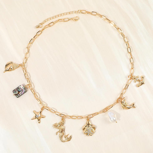 Gold Ocean Charm Necklace for Women Hawaii Chain Necklace with Cute Dangle Mermaid Shell Pearl Starfish Conch Dolphin Ship Anchor Sea Pendant Adju...