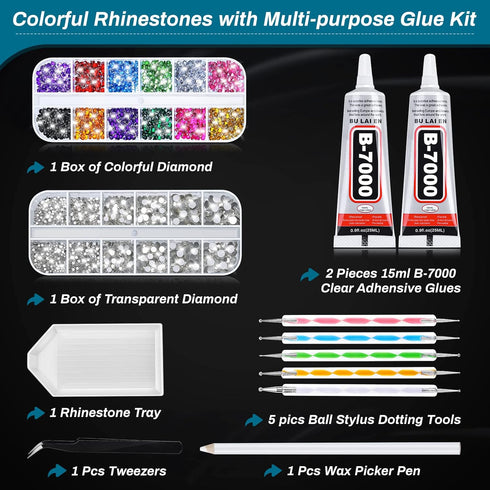 Jewelry Clear Glue with Rhinestones for Crafts, 2800 Pcs Flatback Round Rinestones Set with 2PCS 25ml Glue, 5 Dotting Pen Tool, 1 Wax Pencil for D...
