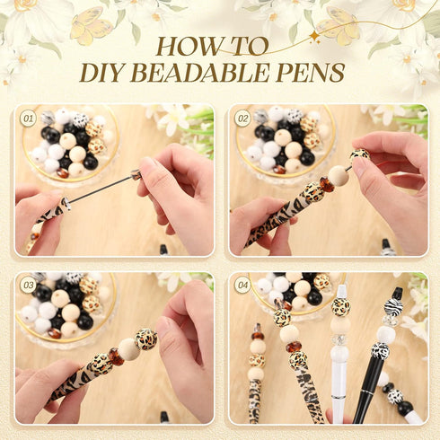12 Set Plastic Beadable Pens Assorted Wood Crystal Spacer Round Beads Black Ink Ballpoint Pen DIY Pen Set for Women Kids Gifts School Office Suppl...